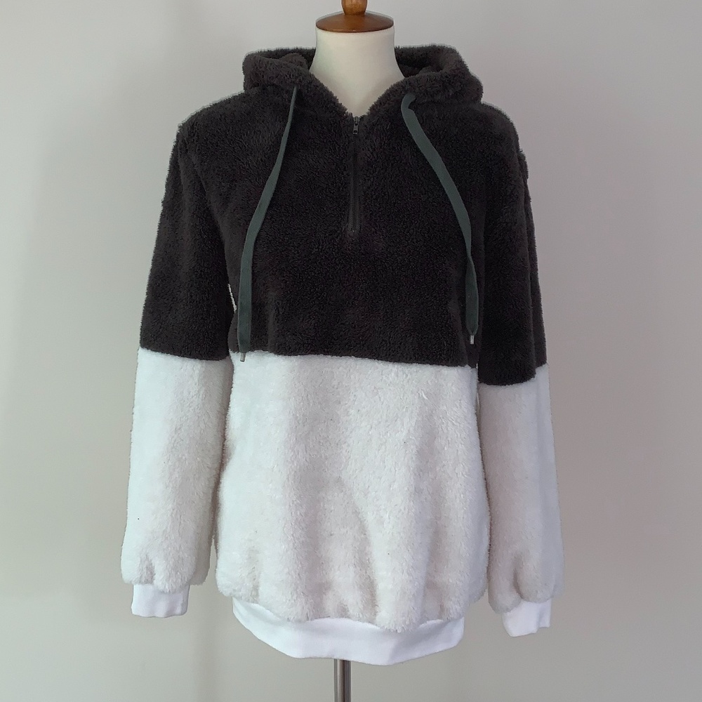 Brown and White Fleece Jacket Fuzzy Warm Pullover with Hood